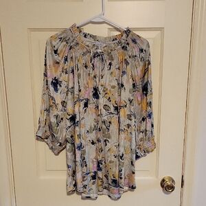 Floral Green Ruffled Blouse with 3/4 Sleeves - 2X